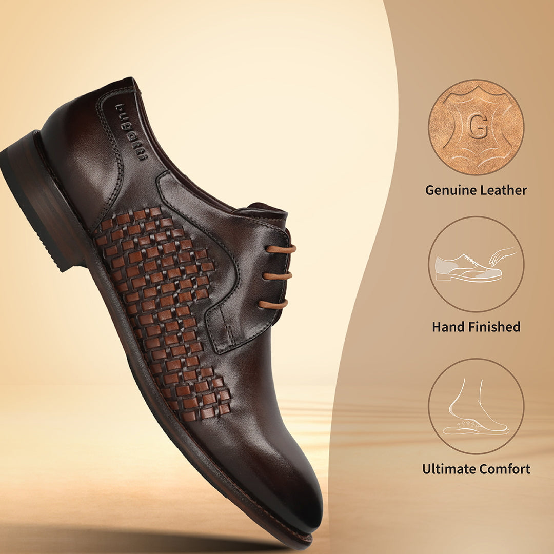 Men's Bugatti derby brown leather shoes with a round toe and plain toe featuring a stacked heel , a leather outsole , and laces fastening.