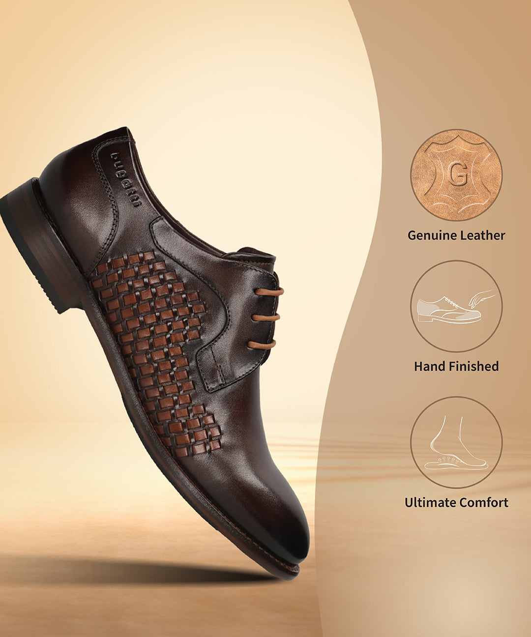 Men's Bugatti derby brown leather shoes with a round toe and plain toe featuring a stacked heel , a leather outsole , and laces fastening.