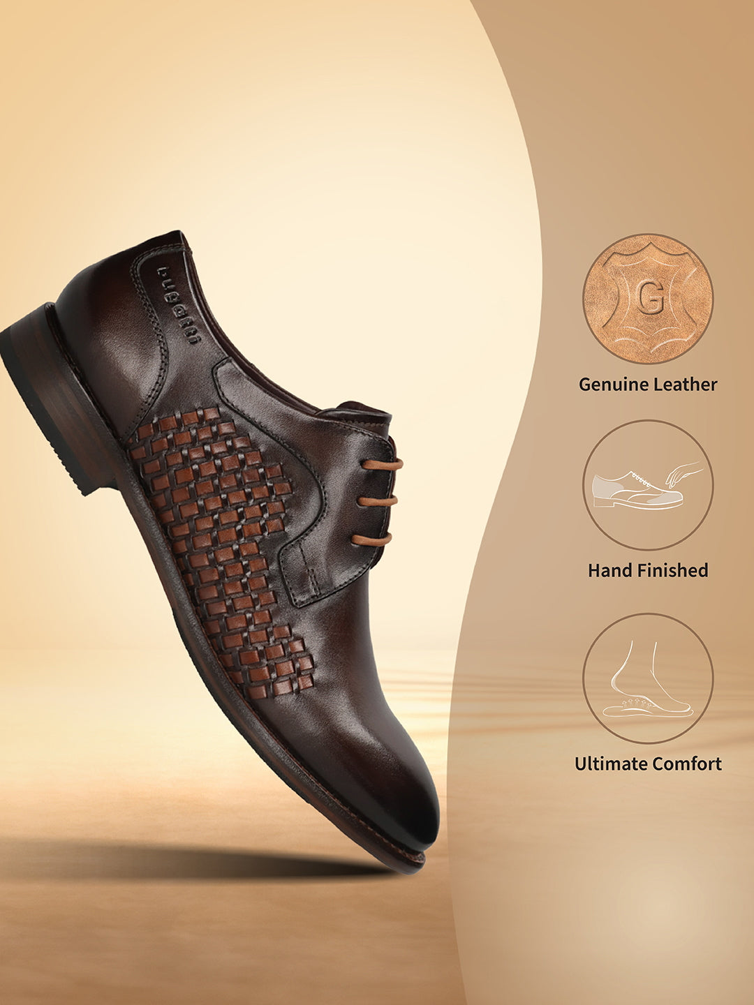 Men's Bugatti derby brown leather shoes with a round toe and plain toe featuring a stacked heel , a leather outsole , and laces fastening.