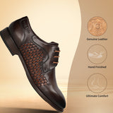 Men's Bugatti derby brown leather shoes with a round toe and plain toe featuring a stacked heel , a leather outsole , and laces fastening.