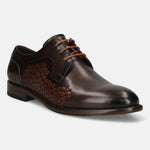 Men's Bugatti derby brown leather shoes with a round toe and plain toe featuring a stacked heel , a leather outsole , and laces fastening.