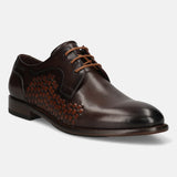 Men's Bugatti derby brown leather shoes with a round toe and plain toe featuring a stacked heel , a leather outsole , and laces fastening.