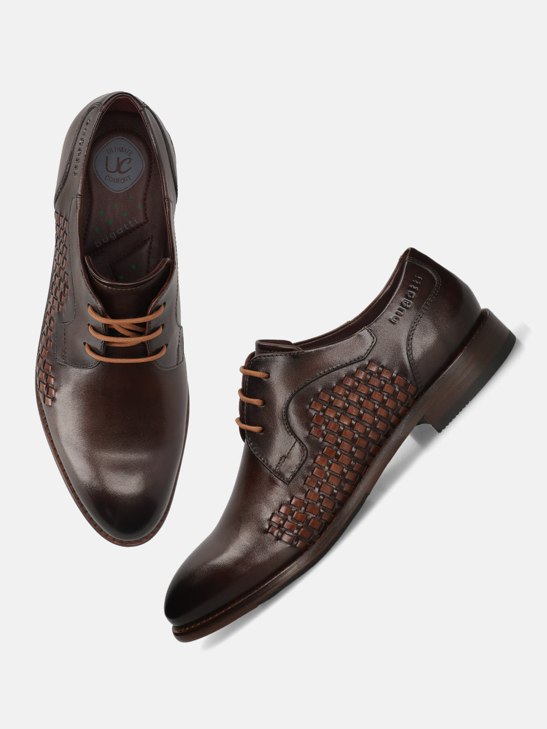 Men's Bugatti derby brown leather shoes with a round toe and plain toe featuring a stacked heel , a leather outsole , and laces fastening.