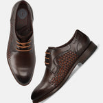 Men's Bugatti derby brown leather shoes with a round toe and plain toe featuring a stacked heel , a leather outsole , and laces fastening.