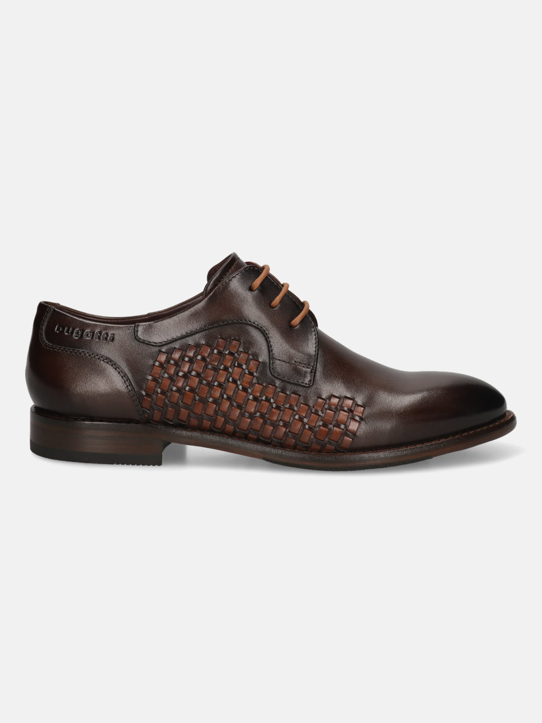 Men's Bugatti derby brown leather shoes with a round toe and plain toe featuring a stacked heel , a leather outsole , and laces fastening.
