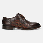 Men's Bugatti derby brown leather shoes with a round toe and plain toe featuring a stacked heel , a leather outsole , and laces fastening.