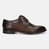 Men's Bugatti derby brown leather shoes with a round toe and plain toe featuring a stacked heel , a leather outsole , and laces fastening.