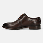 Men's Bugatti derby brown leather shoes with a round toe and plain toe featuring a stacked heel , a leather outsole , and laces fastening.