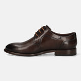 Men's Bugatti derby brown leather shoes with a round toe and plain toe featuring a stacked heel , a leather outsole , and laces fastening.