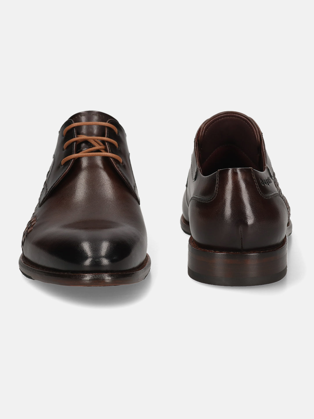 Men's Bugatti derby brown leather shoes with a round toe and plain toe featuring a stacked heel , a leather outsole , and laces fastening.