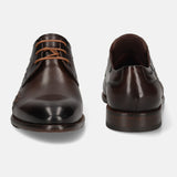 Men's Bugatti derby brown leather shoes with a round toe and plain toe featuring a stacked heel , a leather outsole , and laces fastening.