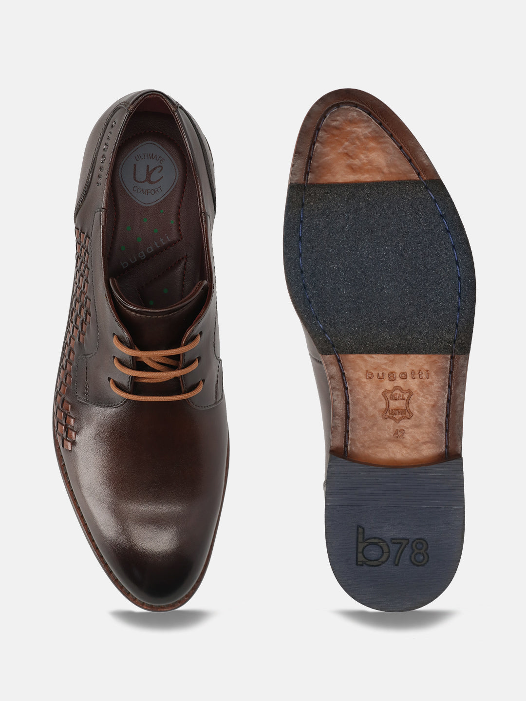Men's Bugatti derby brown leather shoes with a round toe and plain toe featuring a stacked heel , a leather outsole , and laces fastening.
