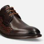 Men's Bugatti derby brown leather shoes with a round toe and plain toe featuring a stacked heel , a leather outsole , and laces fastening.