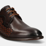 Men's Bugatti derby brown leather shoes with a round toe and plain toe featuring a stacked heel , a leather outsole , and laces fastening.