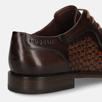 Men's Bugatti derby brown leather shoes with a round toe and plain toe featuring a stacked heel , a leather outsole , and laces fastening.