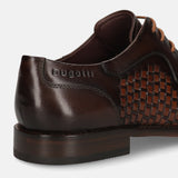 Men's Bugatti derby brown leather shoes with a round toe and plain toe featuring a stacked heel , a leather outsole , and laces fastening.