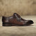 Men's Bugatti derby brown leather shoes with a round toe and plain toe featuring a stacked heel , a leather outsole , and laces fastening.