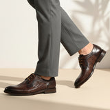 bugatti Livorno Flex Evo dark brown leather formal derby shoes with woven texture, paired with grey dress pants.