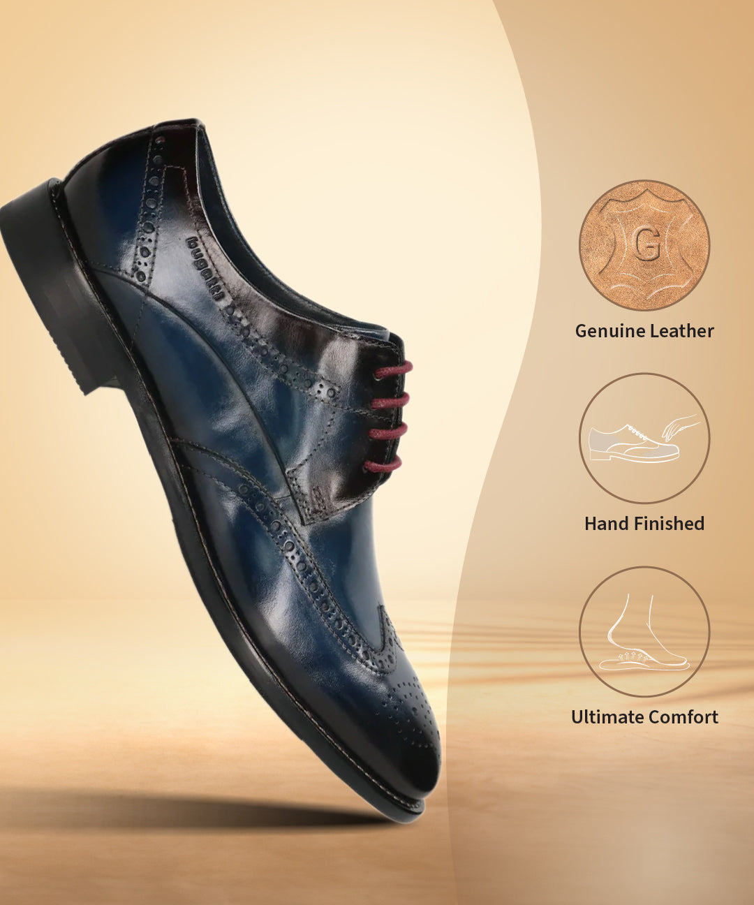 A blue Men's bugatti Derby featuring a round toe wing tip, stacked heel. Made from premium genuine leather with a durable leather outsole, this laces design offers both style and comfort.