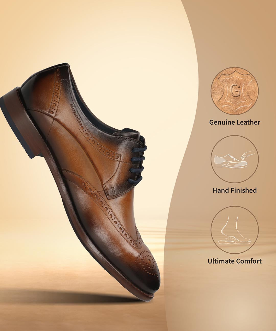 Men's Bugatti derby cognac leather shoes with a round toe and wing tip featuring a stacked heel , a leather outsole , and laces fastening.