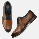 Men's Bugatti derby cognac leather shoes with a round toe and wing tip featuring a stacked heel , a leather outsole , and laces fastening.