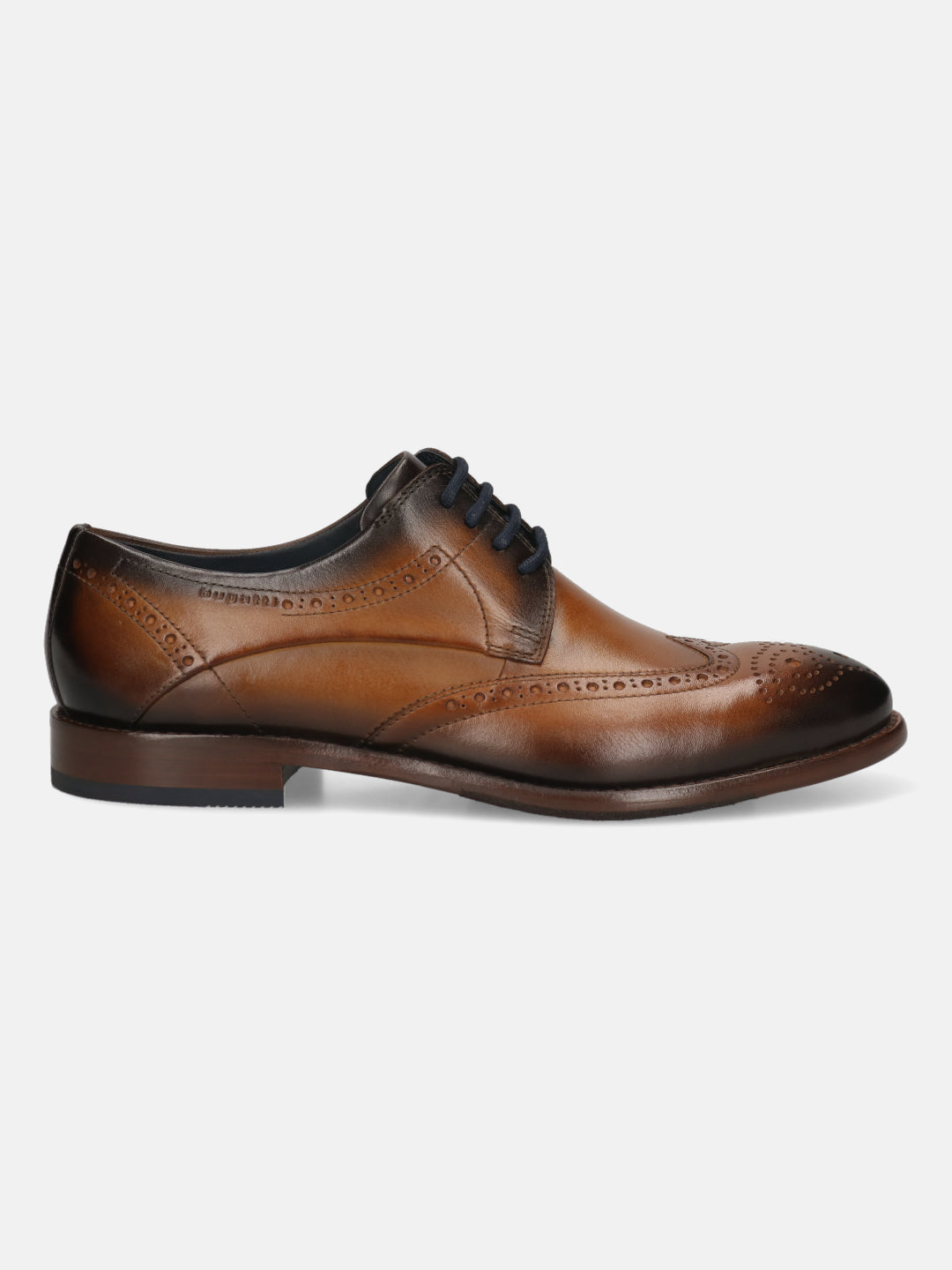 Men's Bugatti derby cognac leather shoes with a round toe and wing tip featuring a stacked heel , a leather outsole , and laces fastening.