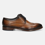 Men's Bugatti derby cognac leather shoes with a round toe and wing tip featuring a stacked heel , a leather outsole , and laces fastening.