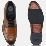 Men's Bugatti derby cognac leather shoes with a round toe and wing tip featuring a stacked heel , a leather outsole , and laces fastening.