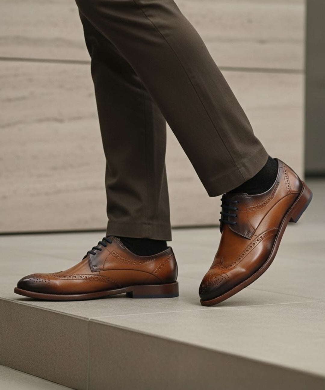 bugatti Livorno Flex Evo cognac leather formal shoes, visible with dark socks and dress pants.
