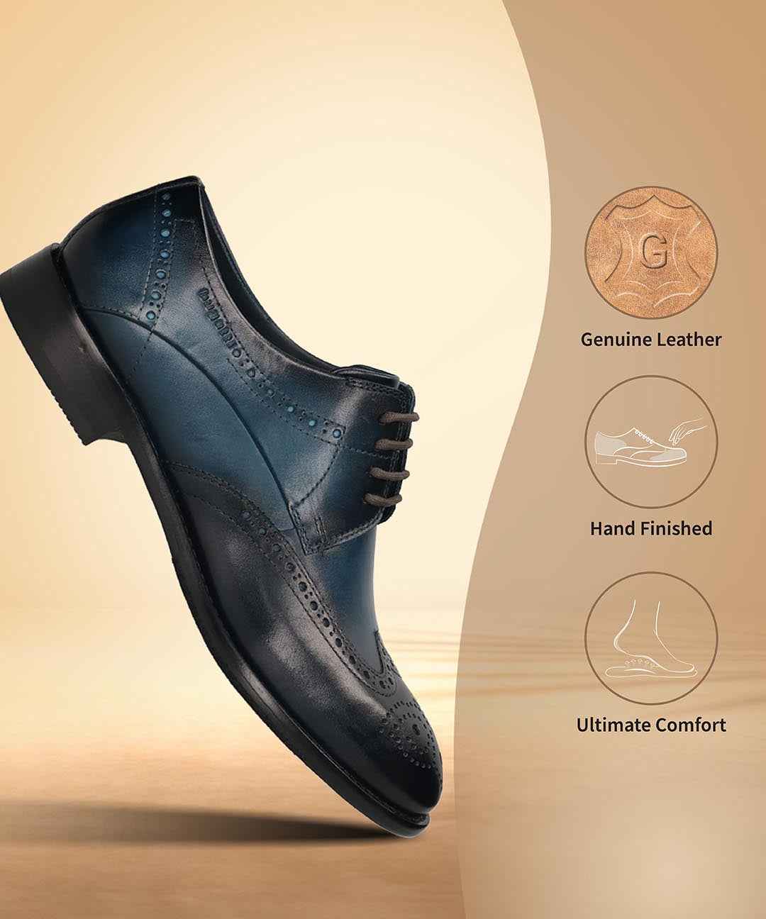 Men's Bugatti derby blue leather shoes with a round toe and wing tip featuring a stacked heel , a leather outsole , and laces fastening.
