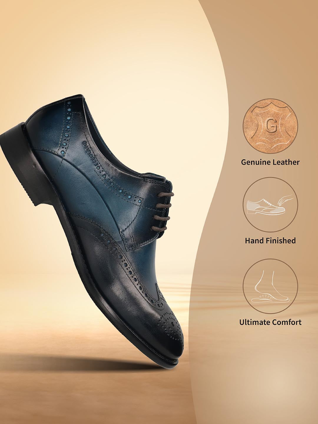 Men's Bugatti derby blue leather shoes with a round toe and wing tip featuring a stacked heel , a leather outsole , and laces fastening.