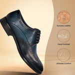 Men's Bugatti derby blue leather shoes with a round toe and wing tip featuring a stacked heel , a leather outsole , and laces fastening.
