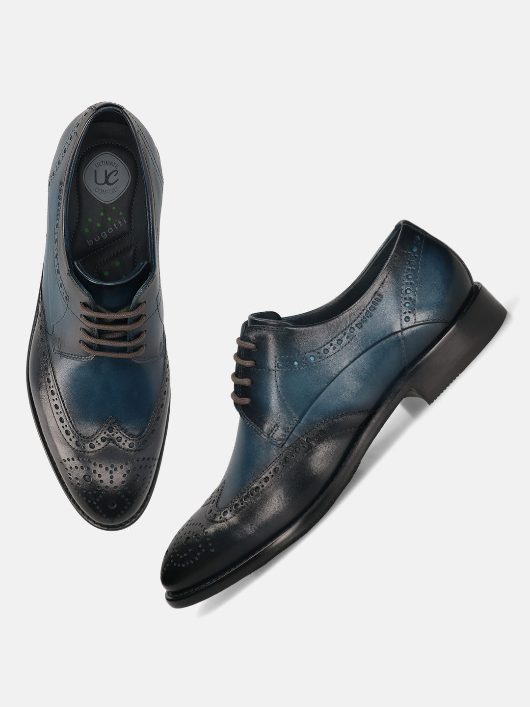 Men's Bugatti derby blue leather shoes with a round toe and wing tip featuring a stacked heel , a leather outsole , and laces fastening.