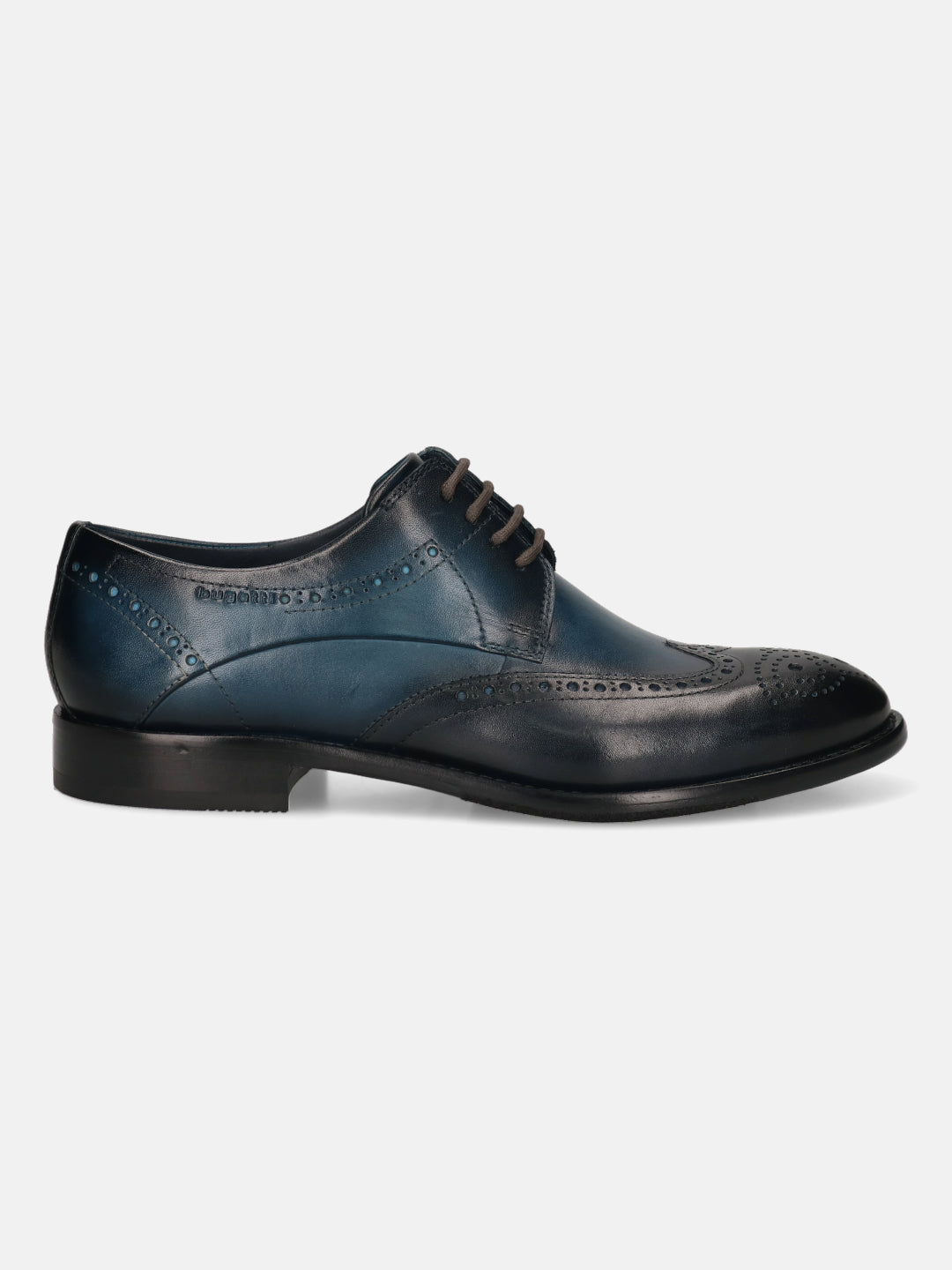 Men's Bugatti derby blue leather shoes with a round toe and wing tip featuring a stacked heel , a leather outsole , and laces fastening.