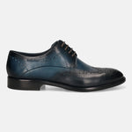 Men's Bugatti derby blue leather shoes with a round toe and wing tip featuring a stacked heel , a leather outsole , and laces fastening.