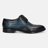 Men's Bugatti derby blue leather shoes with a round toe and wing tip featuring a stacked heel , a leather outsole , and laces fastening.