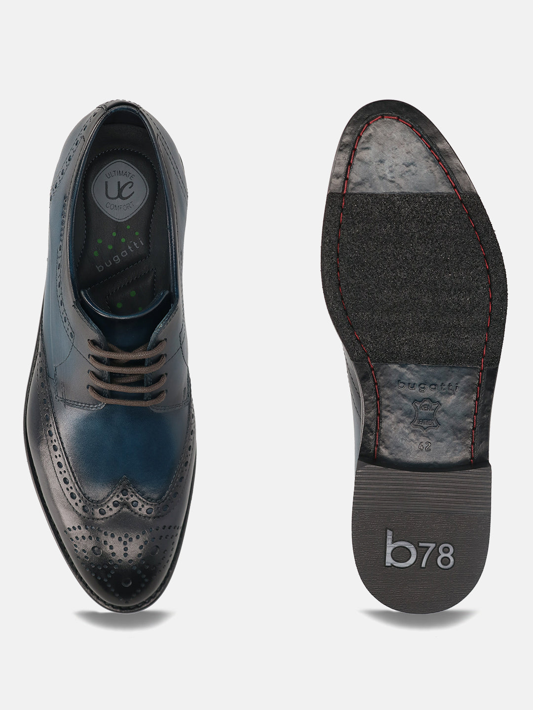 Men's Bugatti derby blue leather shoes with a round toe and wing tip featuring a stacked heel , a leather outsole , and laces fastening.