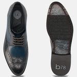 Men's Bugatti derby blue leather shoes with a round toe and wing tip featuring a stacked heel , a leather outsole , and laces fastening.