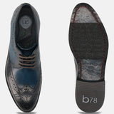 Men's Bugatti derby blue leather shoes with a round toe and wing tip featuring a stacked heel , a leather outsole , and laces fastening.