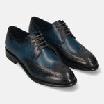 Men's Bugatti derby blue leather shoes with a round toe and wing tip featuring a stacked heel , a leather outsole , and laces fastening.