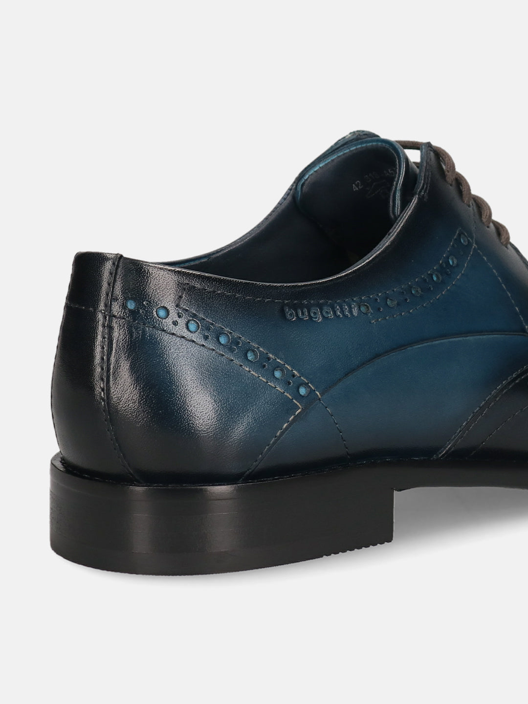 Men's Bugatti derby blue leather shoes with a round toe and wing tip featuring a stacked heel , a leather outsole , and laces fastening.