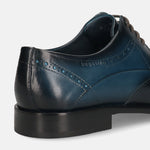 Men's Bugatti derby blue leather shoes with a round toe and wing tip featuring a stacked heel , a leather outsole , and laces fastening.