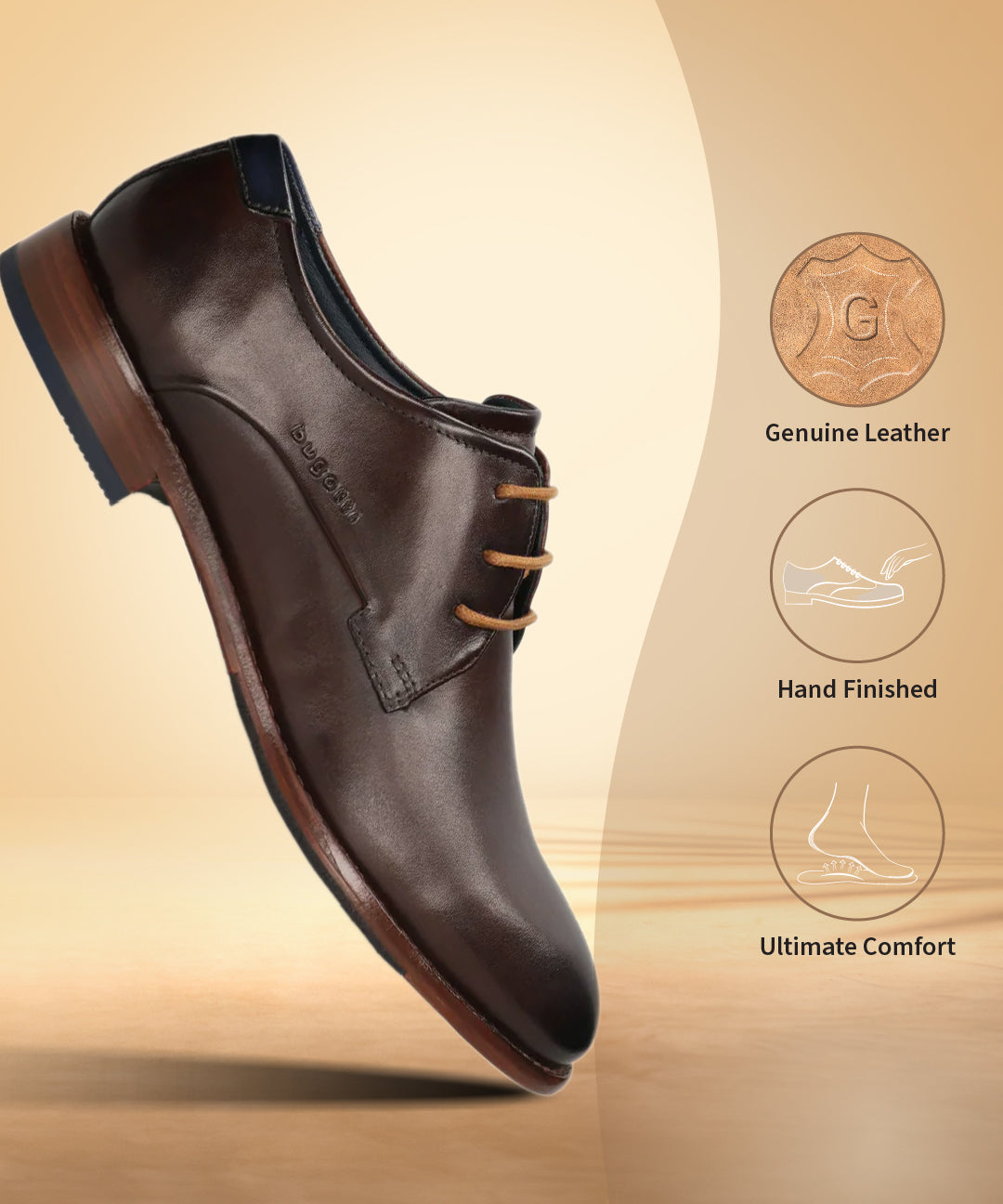 A brown Men's bugatti Derby featuring a round toe plain toe, stacked heel. Made from premium genuine leather with a durable leather outsole, this laces design offers both style and comfort.