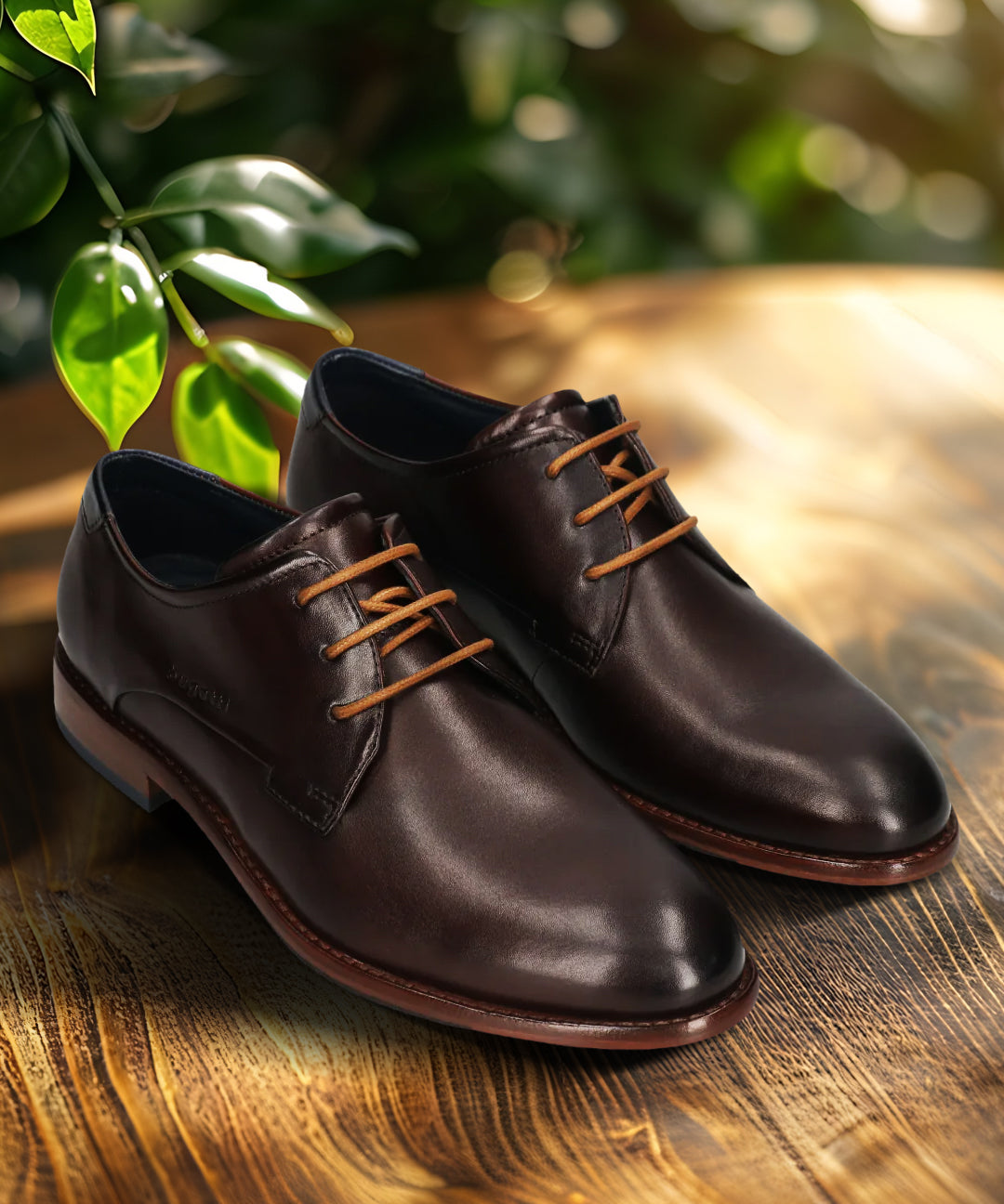 A brown Men's bugatti Derby featuring a round toe plain toe, stacked heel. Made from premium genuine leather with a durable leather outsole, this laces design offers both style and comfort.