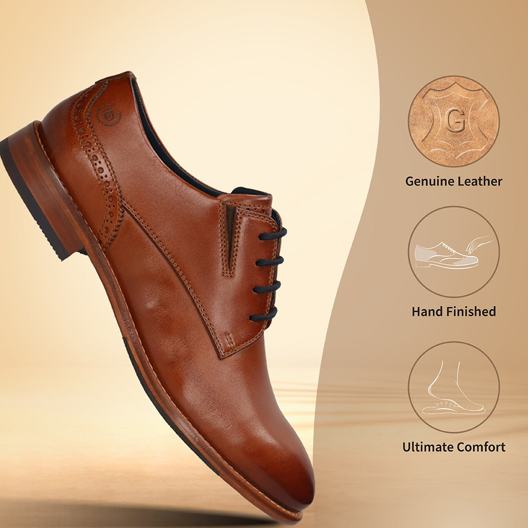 Men's Bugatti derby cognac leather shoes with a round toe and plain toe featuring a stacked heel , a leather outsole , and laces fastening.