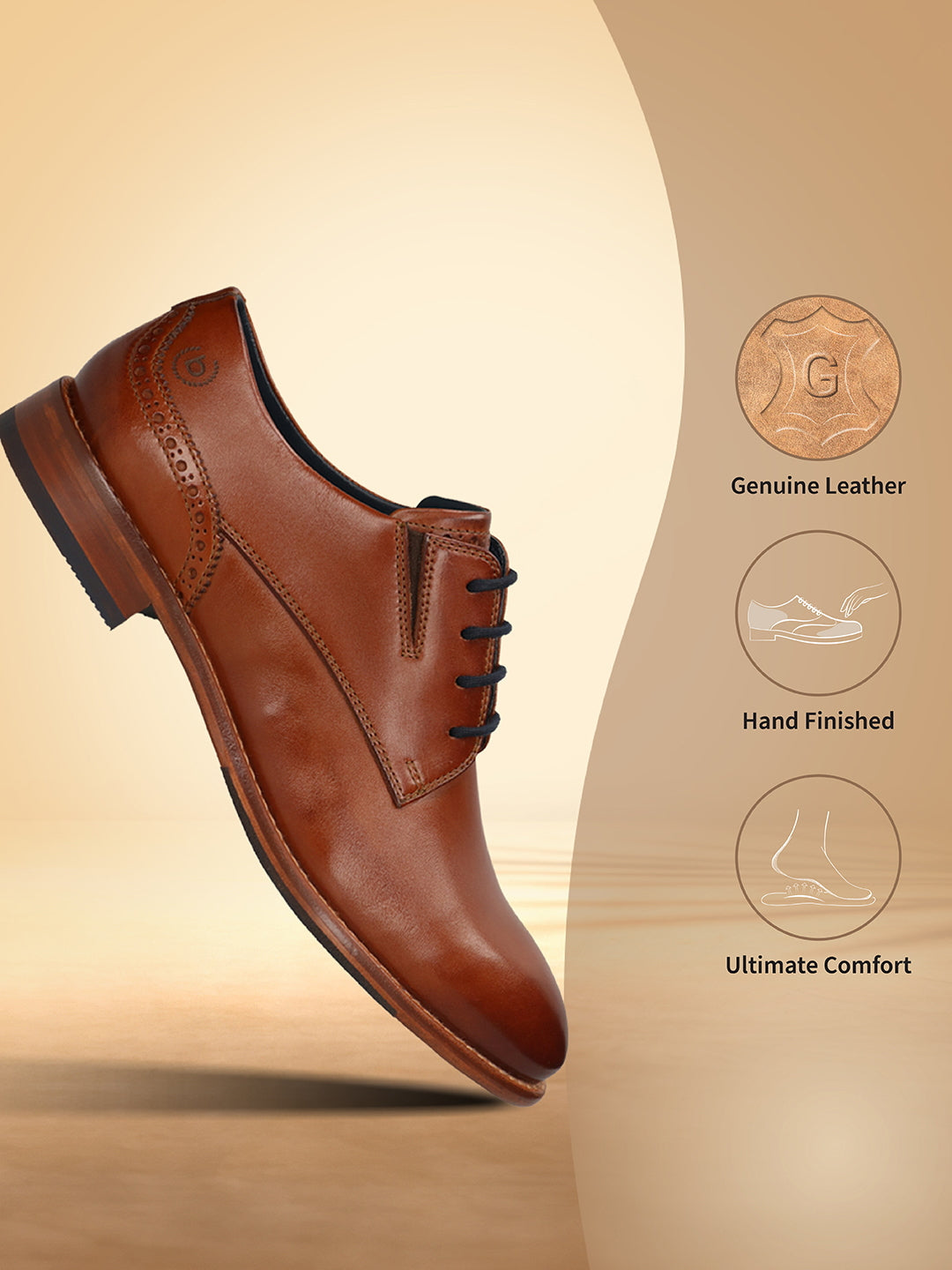 Men's Bugatti derby cognac leather shoes with a round toe and plain toe featuring a stacked heel , a leather outsole , and laces fastening.
