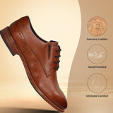 Men's Bugatti derby cognac leather shoes with a round toe and plain toe featuring a stacked heel , a leather outsole , and laces fastening.