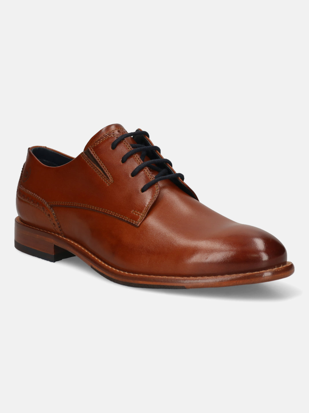 Men's Bugatti derby cognac leather shoes with a round toe and plain toe featuring a stacked heel , a leather outsole , and laces fastening.