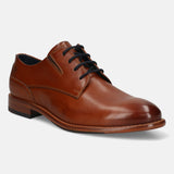 Men's Bugatti derby cognac leather shoes with a round toe and plain toe featuring a stacked heel , a leather outsole , and laces fastening.