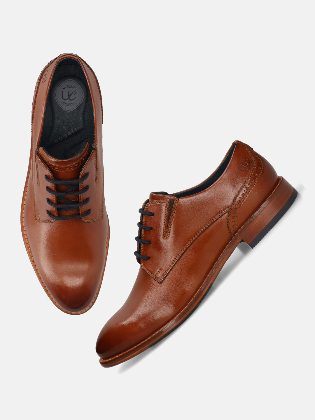 Men's Bugatti derby cognac leather shoes with a round toe and plain toe featuring a stacked heel , a leather outsole , and laces fastening.